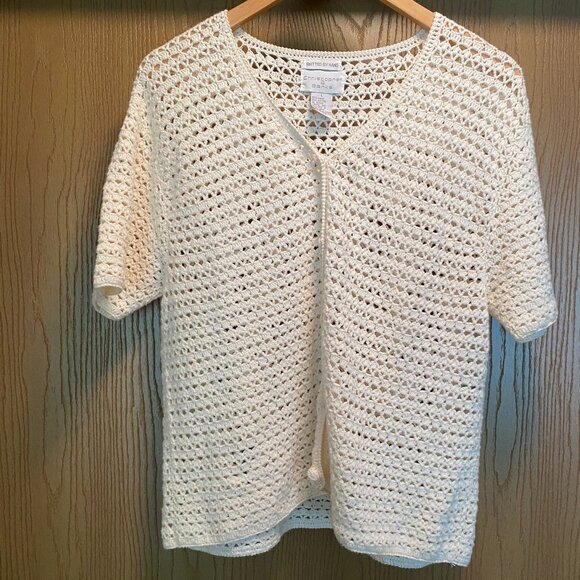 Crochet V- Neck Hand Made Cream Sweater XL Grandmacore Cottagecore - Picture 1 of 3